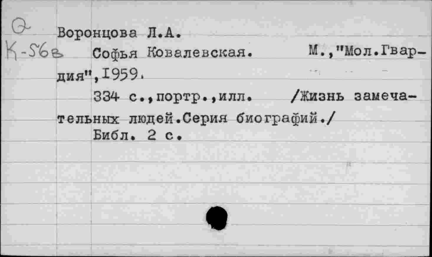 ﻿Воронцова Л.А.
Софья Ковалевская. М.,"Мол.Гвардия”, 1959.
334 с.,портр.,илл. /Жизнь замечательных людей.Серия биографий./
Библ. 2с.